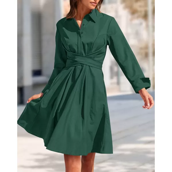 imageBTFBM Women Casual 2023 Fall Dresses Button V Neck Long Sleeve Tie Waist Aline Mini Party Formal DressSolid Dark Green