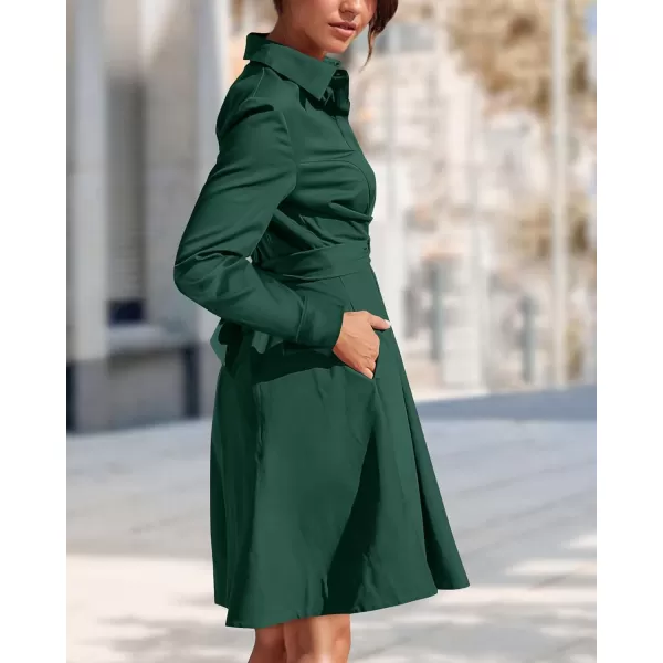 imageBTFBM Women Casual 2023 Fall Dresses Button V Neck Long Sleeve Tie Waist Aline Mini Party Formal DressSolid Dark Green