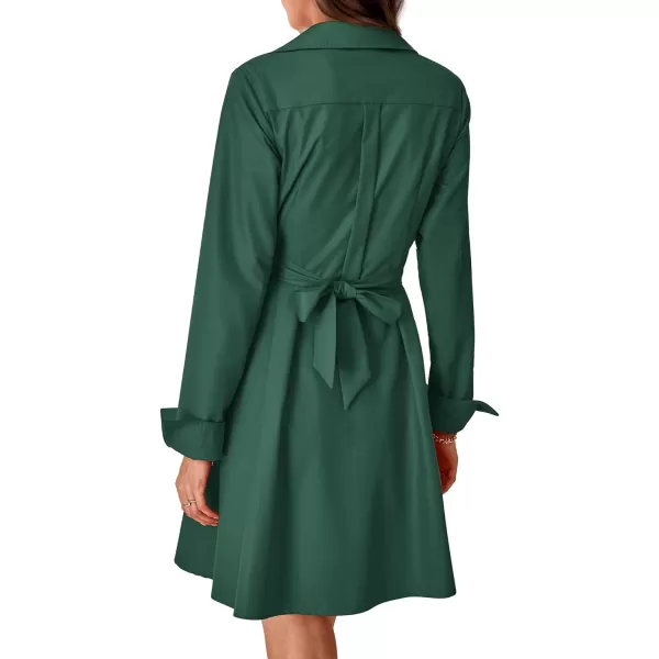 imageBTFBM Women Casual 2023 Fall Dresses Button V Neck Long Sleeve Tie Waist Aline Mini Party Formal DressSolid Dark Green