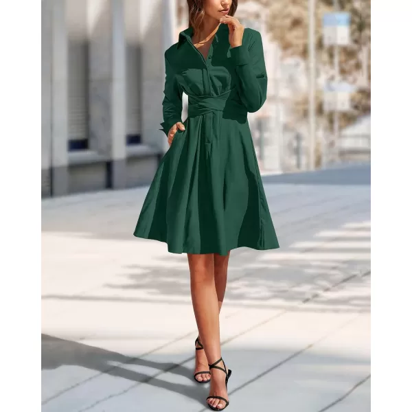 imageBTFBM Women Casual 2023 Fall Dresses Button V Neck Long Sleeve Tie Waist Aline Mini Party Formal DressSolid Dark Green