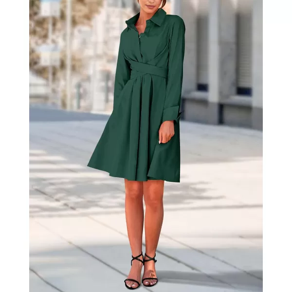 imageBTFBM Women Casual 2023 Fall Dresses Button V Neck Long Sleeve Tie Waist Aline Mini Party Formal DressSolid Dark Green