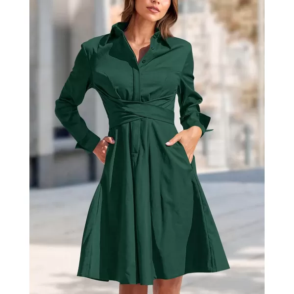 imageBTFBM Women Casual 2023 Fall Dresses Button V Neck Long Sleeve Tie Waist Aline Mini Party Formal DressSolid Dark Green