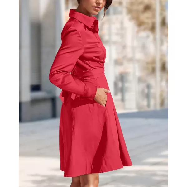imageBTFBM Women Casual 2023 Fall Dresses Button V Neck Long Sleeve Tie Waist Aline Mini Party Formal DressSolid Red