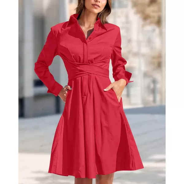 imageBTFBM Women Casual 2023 Fall Dresses Button V Neck Long Sleeve Tie Waist Aline Mini Party Formal DressSolid Red
