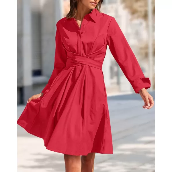 imageBTFBM Women Casual 2023 Fall Dresses Button V Neck Long Sleeve Tie Waist Aline Mini Party Formal DressSolid Red