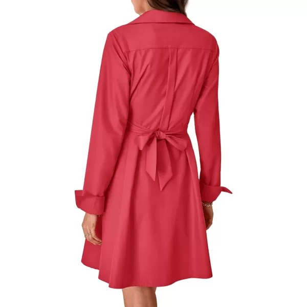 imageBTFBM Women Casual 2023 Fall Dresses Button V Neck Long Sleeve Tie Waist Aline Mini Party Formal DressSolid Red