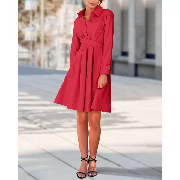 imageBTFBM Women Casual 2023 Fall Dresses Button V Neck Long Sleeve Tie Waist Aline Mini Party Formal DressSolid Red