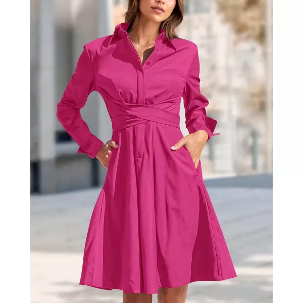 imageBTFBM Women Casual 2023 Fall Dresses Button V Neck Long Sleeve Tie Waist Aline Mini Party Formal DressSolid Rose Red