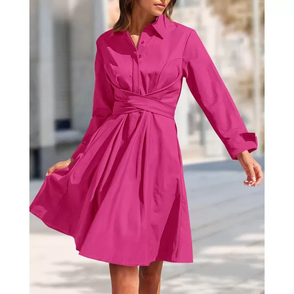 imageBTFBM Women Casual 2023 Fall Dresses Button V Neck Long Sleeve Tie Waist Aline Mini Party Formal DressSolid Rose Red