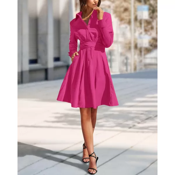 imageBTFBM Women Casual 2023 Fall Dresses Button V Neck Long Sleeve Tie Waist Aline Mini Party Formal DressSolid Rose Red