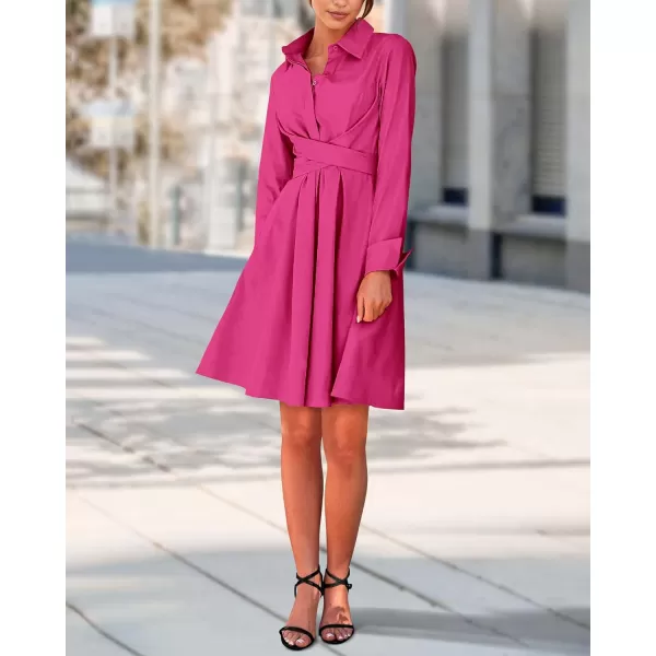 imageBTFBM Women Casual 2023 Fall Dresses Button V Neck Long Sleeve Tie Waist Aline Mini Party Formal DressSolid Rose Red