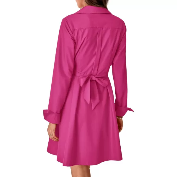 imageBTFBM Women Casual 2023 Fall Dresses Button V Neck Long Sleeve Tie Waist Aline Mini Party Formal DressSolid Rose Red