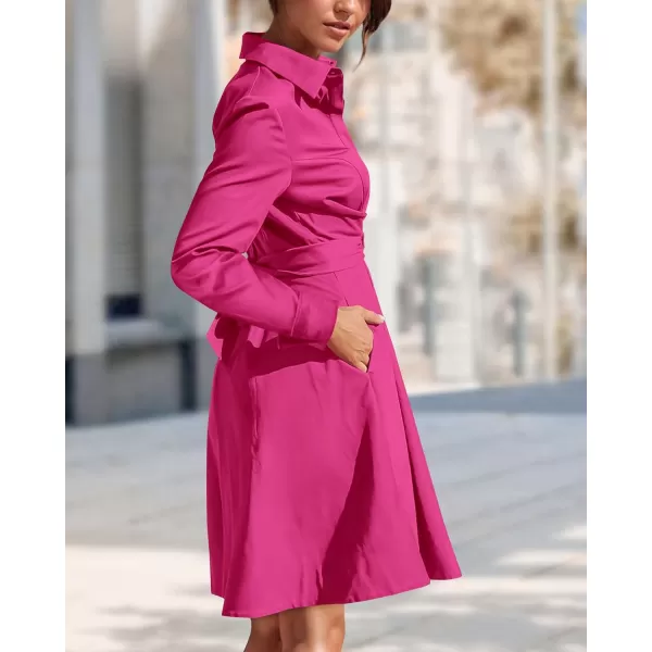 imageBTFBM Women Casual 2023 Fall Dresses Button V Neck Long Sleeve Tie Waist Aline Mini Party Formal DressSolid Rose Red