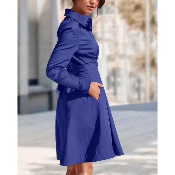 imageBTFBM Women Casual 2023 Fall Dresses Button V Neck Long Sleeve Tie Waist Aline Mini Party Formal DressSolid Royal Blue