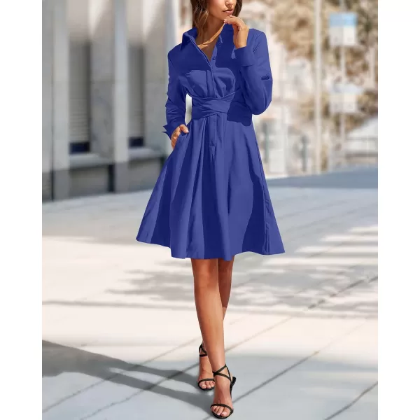 imageBTFBM Women Casual 2023 Fall Dresses Button V Neck Long Sleeve Tie Waist Aline Mini Party Formal DressSolid Royal Blue