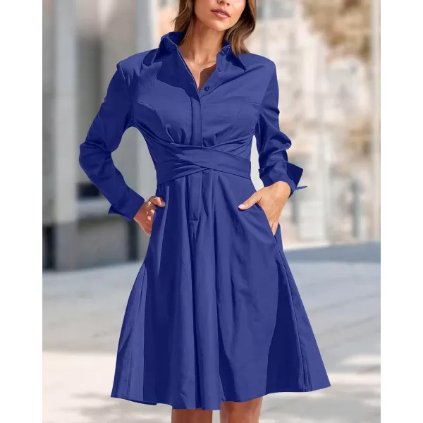 imageBTFBM Women Casual 2023 Fall Dresses Button V Neck Long Sleeve Tie Waist Aline Mini Party Formal DressSolid Royal Blue