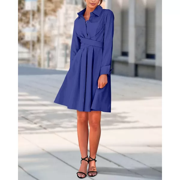 imageBTFBM Women Casual 2023 Fall Dresses Button V Neck Long Sleeve Tie Waist Aline Mini Party Formal DressSolid Royal Blue