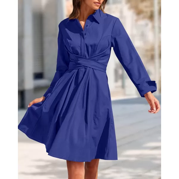 imageBTFBM Women Casual 2023 Fall Dresses Button V Neck Long Sleeve Tie Waist Aline Mini Party Formal DressSolid Royal Blue