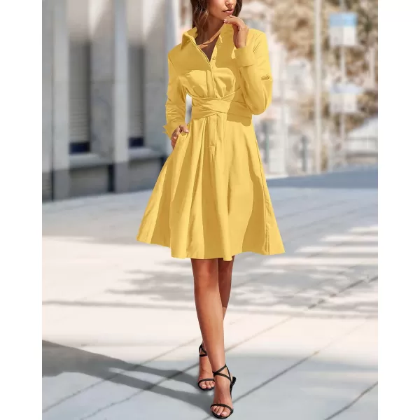 imageBTFBM Women Casual 2023 Fall Dresses Button V Neck Long Sleeve Tie Waist Aline Mini Party Formal DressSolid Yellow