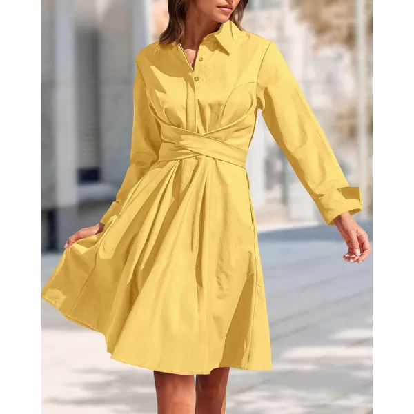 imageBTFBM Women Casual 2023 Fall Dresses Button V Neck Long Sleeve Tie Waist Aline Mini Party Formal DressSolid Yellow