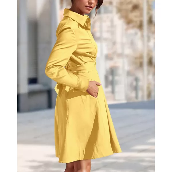 imageBTFBM Women Casual 2023 Fall Dresses Button V Neck Long Sleeve Tie Waist Aline Mini Party Formal DressSolid Yellow