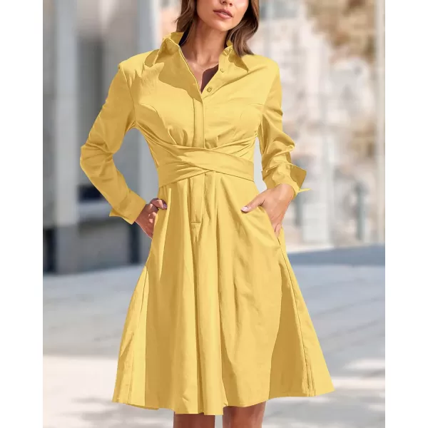 imageBTFBM Women Casual 2023 Fall Dresses Button V Neck Long Sleeve Tie Waist Aline Mini Party Formal DressSolid Yellow