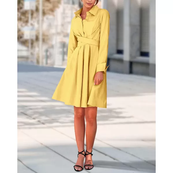 imageBTFBM Women Casual 2023 Fall Dresses Button V Neck Long Sleeve Tie Waist Aline Mini Party Formal DressSolid Yellow