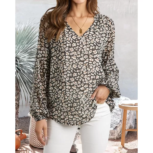 imageBTFBM Women Casual Boho Blouse Fashion Floral Shirts V Neck Long Puff Sleeve Lightweight Chiffon Spring Summer Tops 2024Floral Black