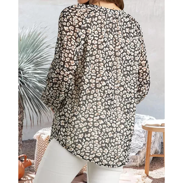 imageBTFBM Women Casual Boho Blouse Fashion Floral Shirts V Neck Long Puff Sleeve Lightweight Chiffon Spring Summer Tops 2024Floral Black
