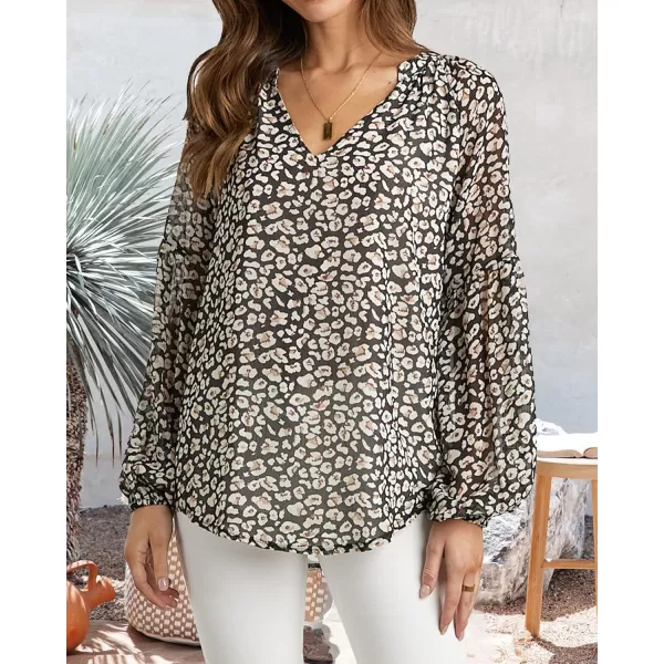 imageBTFBM Women Casual Boho Blouse Fashion Floral Shirts V Neck Long Puff Sleeve Lightweight Chiffon Spring Summer Tops 2024Floral Black