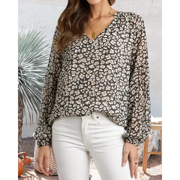imageBTFBM Women Casual Boho Blouse Fashion Floral Shirts V Neck Long Puff Sleeve Lightweight Chiffon Spring Summer Tops 2024Floral Black