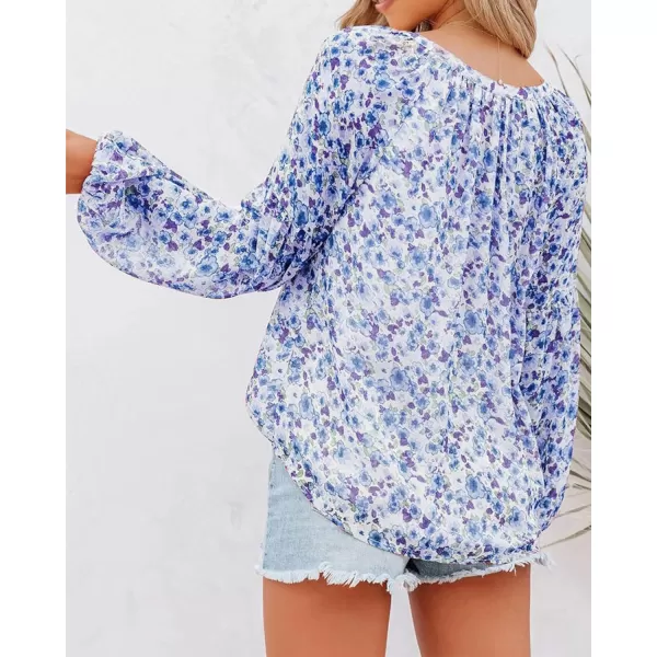 imageBTFBM Women Casual Boho Blouse Fashion Floral Shirts V Neck Long Puff Sleeve Lightweight Chiffon Spring Summer Tops 2024Floral Dark Blue