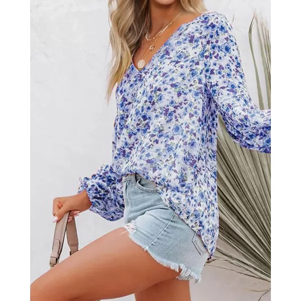 imageBTFBM Women Casual Boho Blouse Fashion Floral Shirts V Neck Long Puff Sleeve Lightweight Chiffon Spring Summer Tops 2024Floral Dark Blue