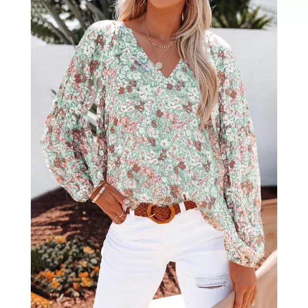 imageBTFBM Women Casual Boho Blouse Fashion Floral Shirts V Neck Long Puff Sleeve Lightweight Chiffon Spring Summer Tops 2024Floral Green