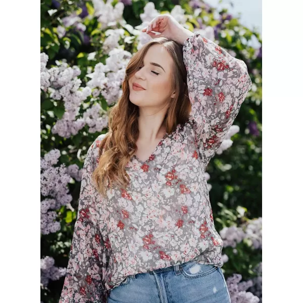 imageBTFBM Women Casual Boho Blouse Fashion Floral Shirts V Neck Long Puff Sleeve Lightweight Chiffon Spring Summer Tops 2024Floral Multicolor