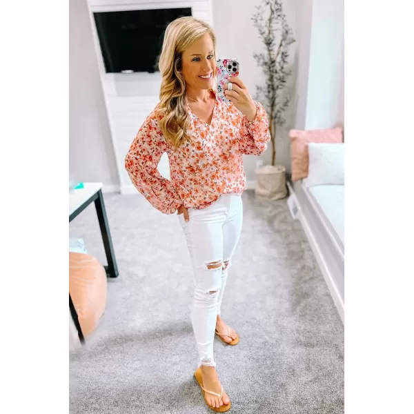 imageBTFBM Women Casual Boho Blouse Fashion Floral Shirts V Neck Long Puff Sleeve Lightweight Chiffon Spring Summer Tops 2024Floral Orange