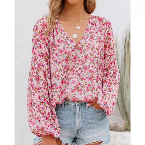 imageBTFBM Women Casual Boho Blouse Fashion Floral Shirts V Neck Long Puff Sleeve Lightweight Chiffon Spring Summer Tops 2024Floral Red