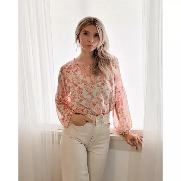 imageBTFBM Women Casual Boho Blouse Fashion Floral Shirts V Neck Long Puff Sleeve Lightweight Chiffon Spring Summer Tops 2024Floral White