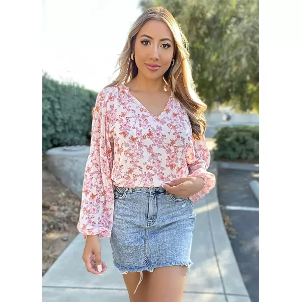 imageBTFBM Women Casual Boho Blouse Fashion Floral Shirts V Neck Long Puff Sleeve Lightweight Chiffon Spring Summer Tops 2024Floral White