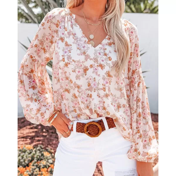 imageBTFBM Women Casual Boho Blouse Fashion Floral Shirts V Neck Long Puff Sleeve Lightweight Chiffon Spring Summer Tops 2024Floral White
