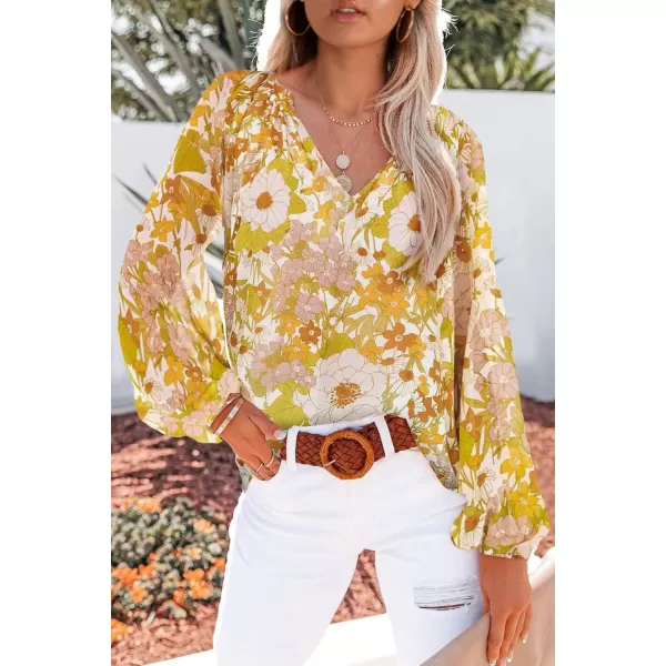 imageBTFBM Women Casual Boho Blouse Fashion Floral Shirts V Neck Long Puff Sleeve Lightweight Chiffon Spring Summer Tops 2024Floral Yellow