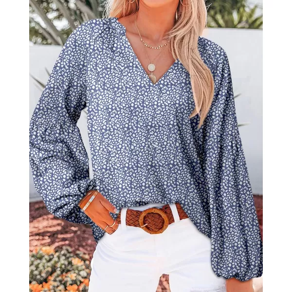 imageBTFBM Women Casual Boho Blouse Fashion Floral Shirts V Neck Long Puff Sleeve Lightweight Chiffon Spring Summer Tops 2024Leopard Dark Blue