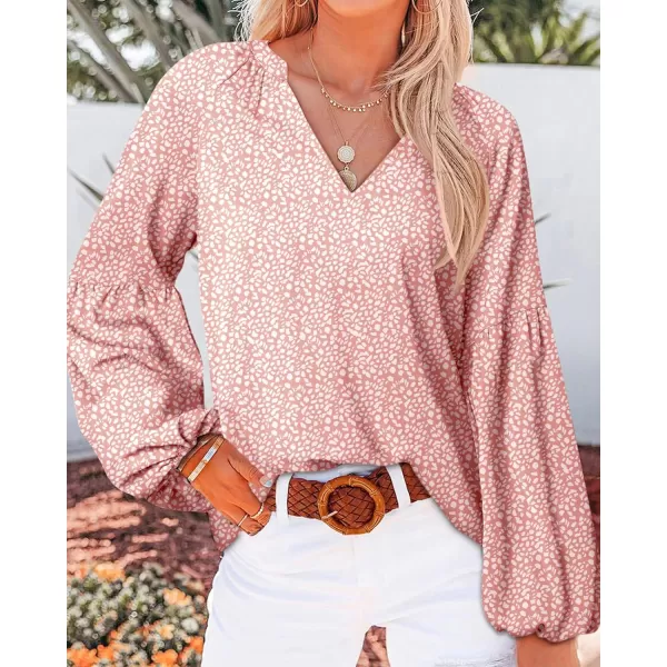 imageBTFBM Women Casual Boho Blouse Fashion Floral Shirts V Neck Long Puff Sleeve Lightweight Chiffon Spring Summer Tops 2024Leopard Pink