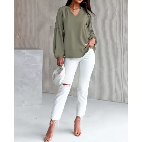 imageBTFBM Women Casual Boho Blouse Fashion Floral Shirts V Neck Long Puff Sleeve Lightweight Chiffon Spring Summer Tops 2024Solid Army Green
