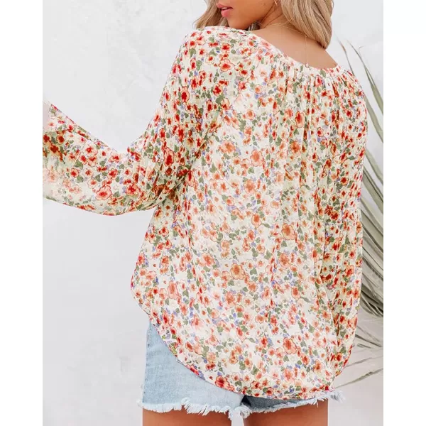 imageBTFBM Women Casual Boho Floral Blouse Shirts V Neck Long Puff Sleeve Lightweight Chiffon Spring Summer Fashion 2023 TopsFloral Orange