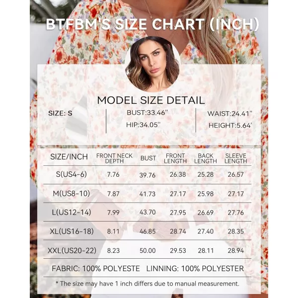 imageBTFBM Women Casual Boho Floral Blouse Shirts V Neck Long Puff Sleeve Lightweight Chiffon Spring Summer Fashion 2023 TopsFloral Orange