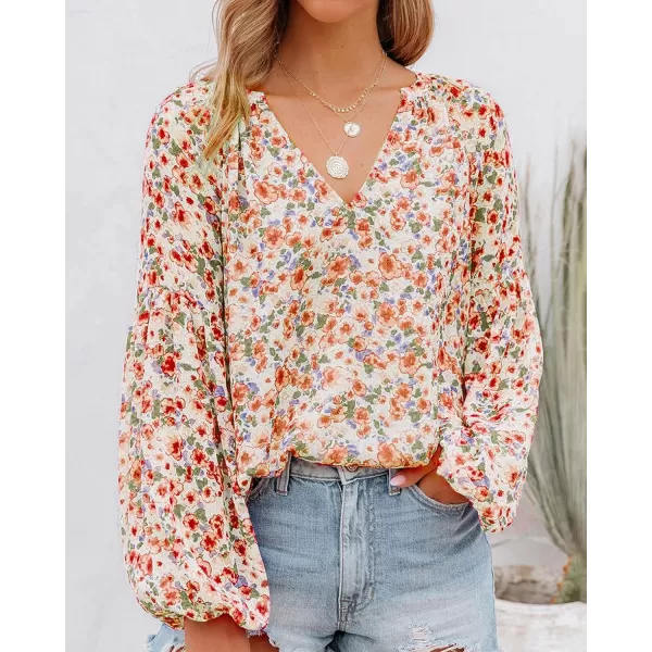 imageBTFBM Women Casual Boho Floral Blouse Shirts V Neck Long Puff Sleeve Lightweight Chiffon Spring Summer Fashion 2023 TopsFloral Orange
