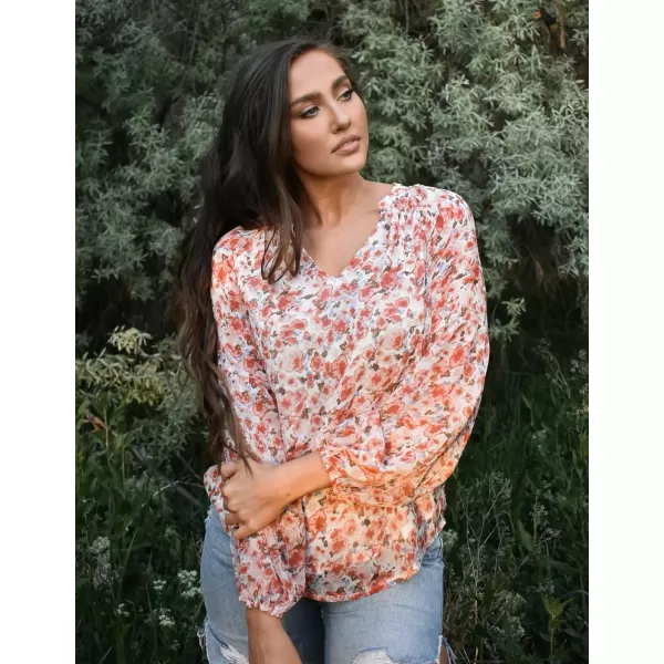 imageBTFBM Women Casual Boho Floral Blouse Shirts V Neck Long Puff Sleeve Lightweight Chiffon Spring Summer Fashion 2023 TopsFloral Orange