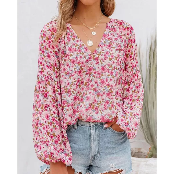 imageBTFBM Women Casual Boho Floral Blouse Shirts V Neck Long Puff Sleeve Lightweight Chiffon Spring Summer Fashion 2023 TopsFloral Red