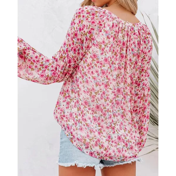 imageBTFBM Women Casual Boho Floral Blouse Shirts V Neck Long Puff Sleeve Lightweight Chiffon Spring Summer Fashion 2023 TopsFloral Red